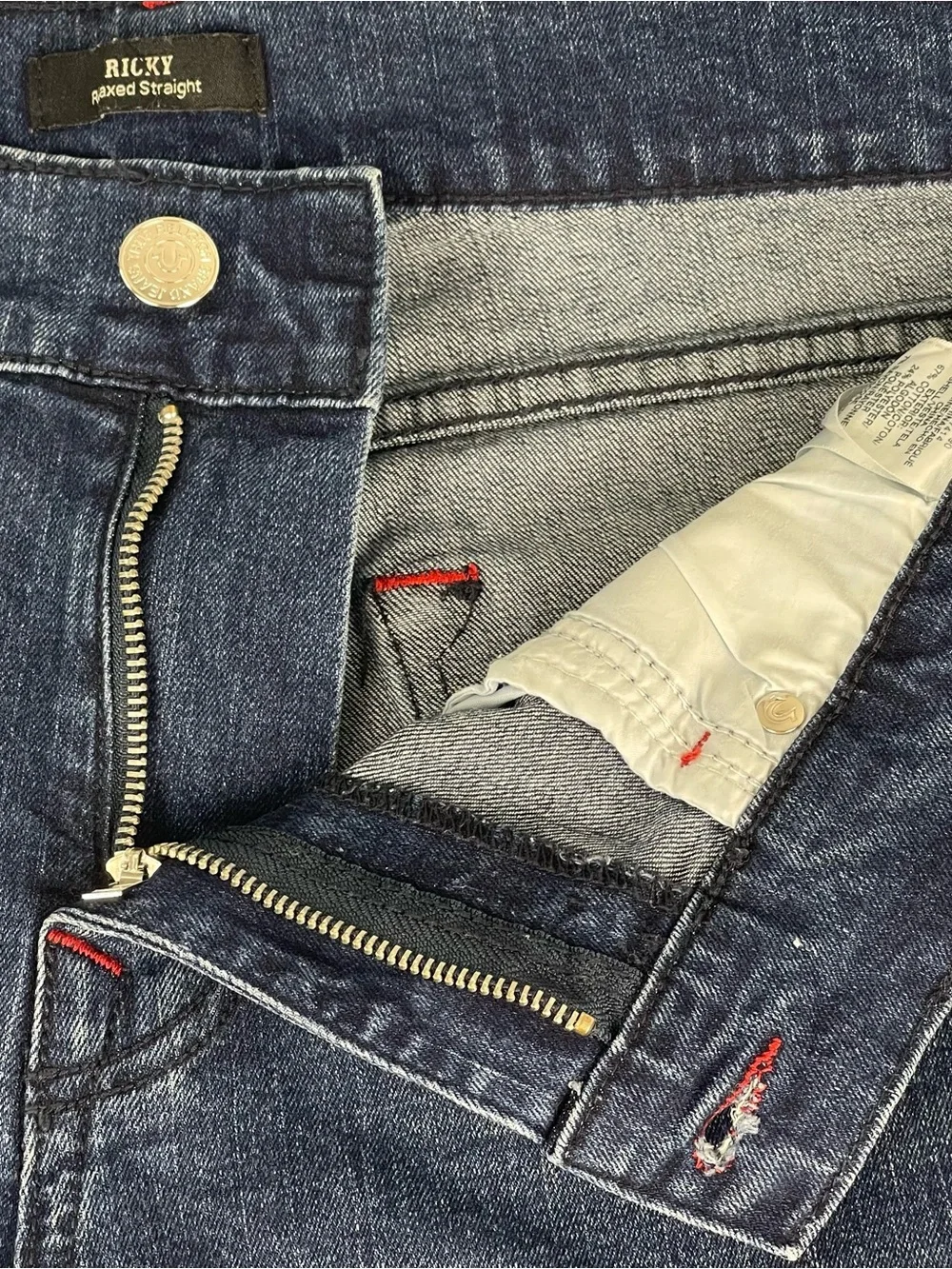 True Religion Men's 36x33 Ricky Relaxed Straight Leg Dark Wash Blue Jeans